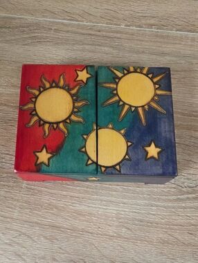 Hand-Painted Sun & Stars Wooden Trinket Box - Multicolor